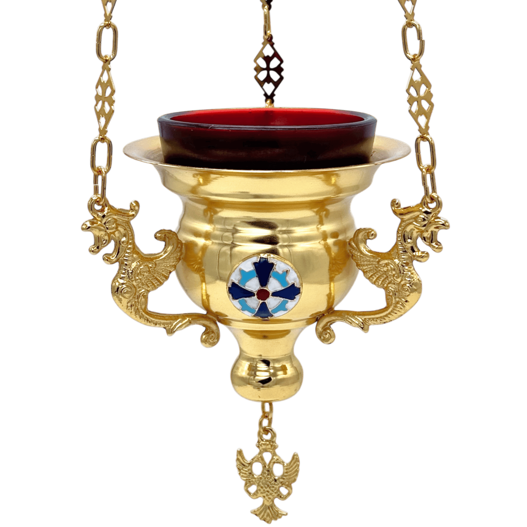 Ornate gold Christian liturgical censer with chain and decorative elements, used in Greek Orthodox religious ceremonies.