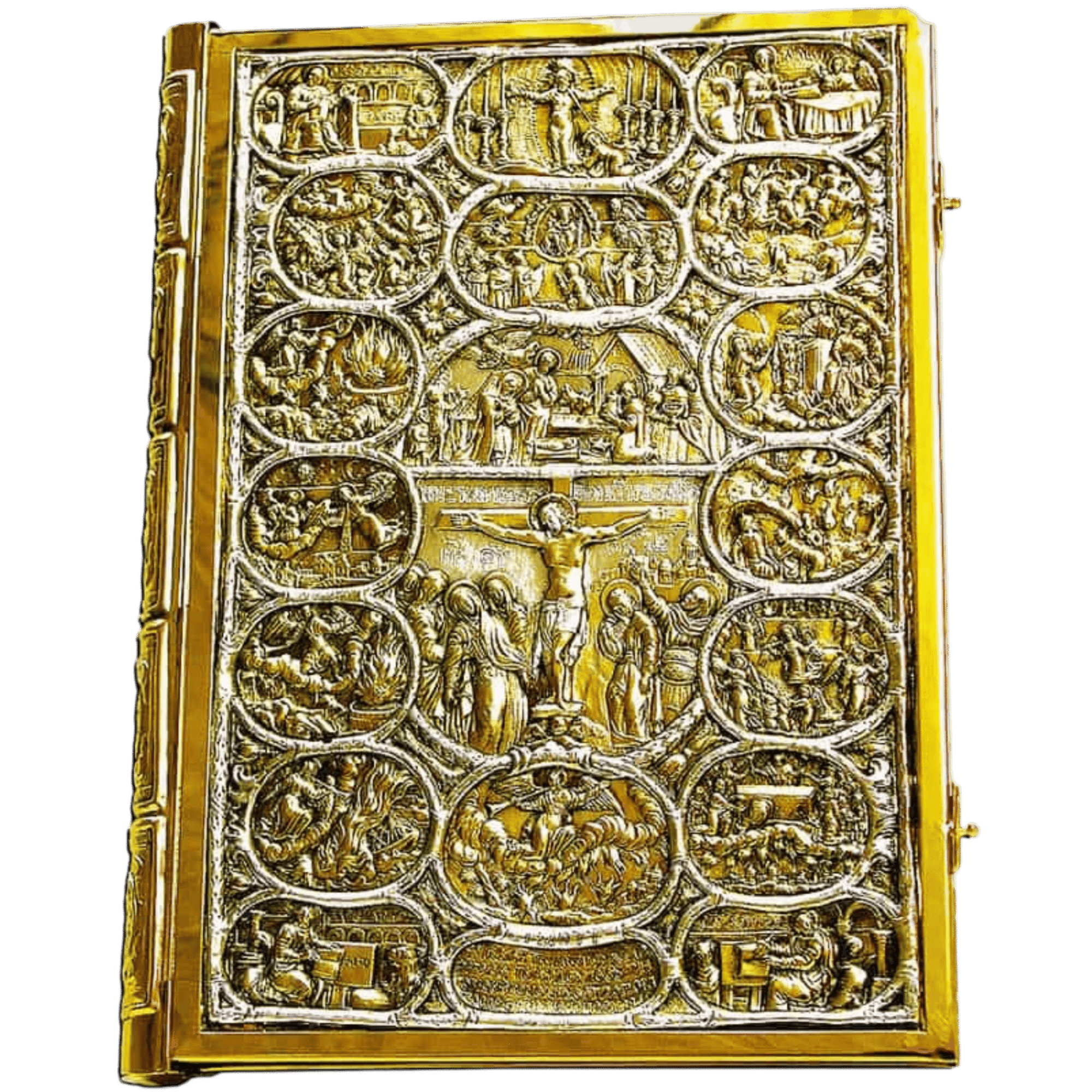 Ornate ecclesiastical silver book cover with detailed religious iconography, depicting scenes from the Passion and Resurrection, ideal for church religious artifacts and sacred liturgical items.