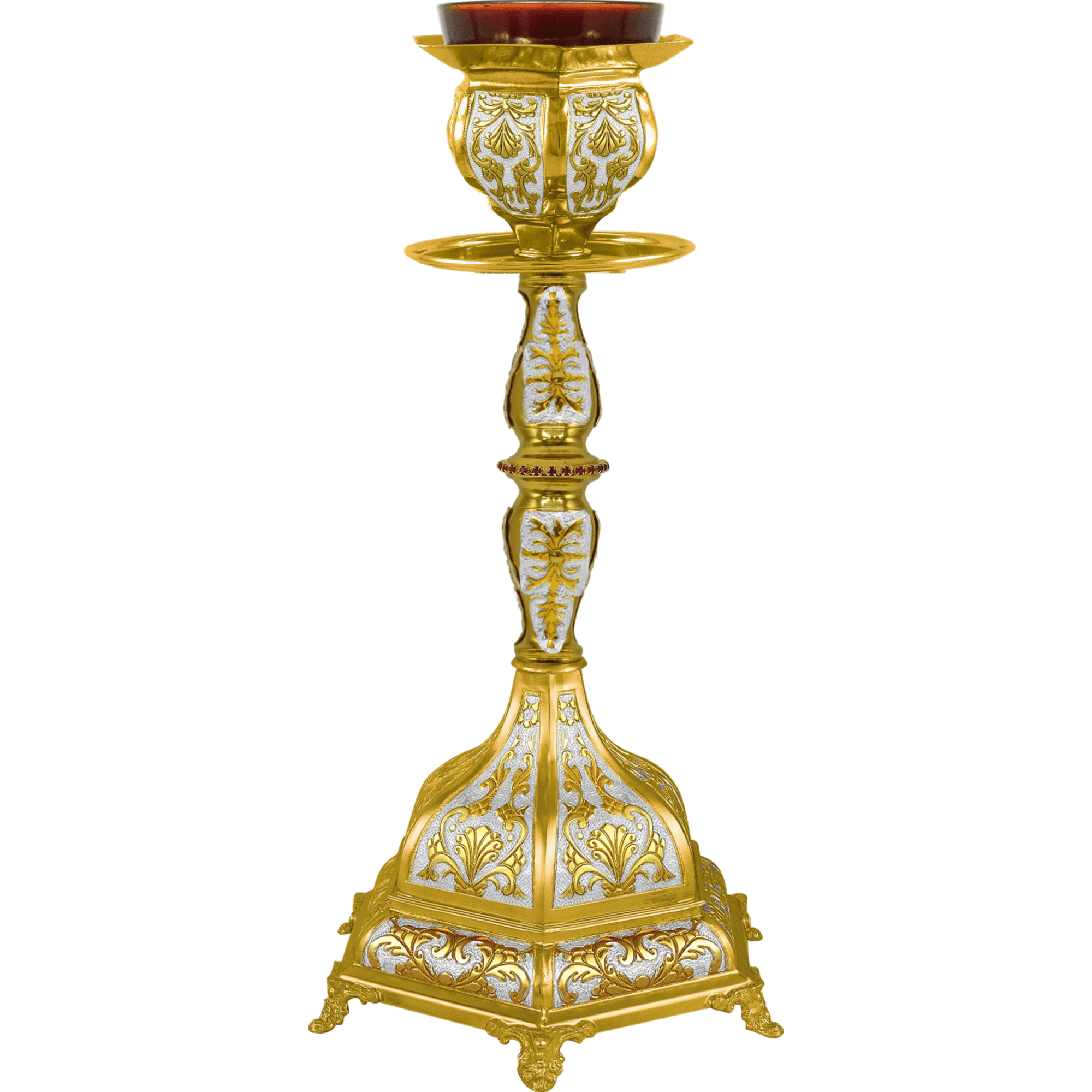 Ornate gold and silver liturgical candle holder for church ceremonies, featuring intricate floral patterns and durable craftsmanship. Perfect for ecclesiastical use and religious services.