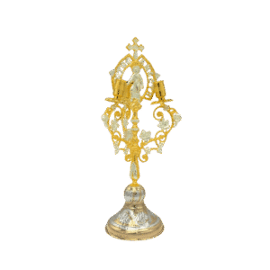 Ornate gold religious icon with detailed craftsmanship, ideal for church decor and ceremonies.