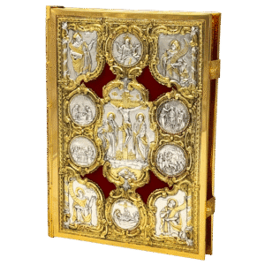 Intricately crafted gold and silver religious iconography ornately decorated for Orthodox church services, emphasizing traditional ecclesiastical gear from Tsatsaroni Antonios.