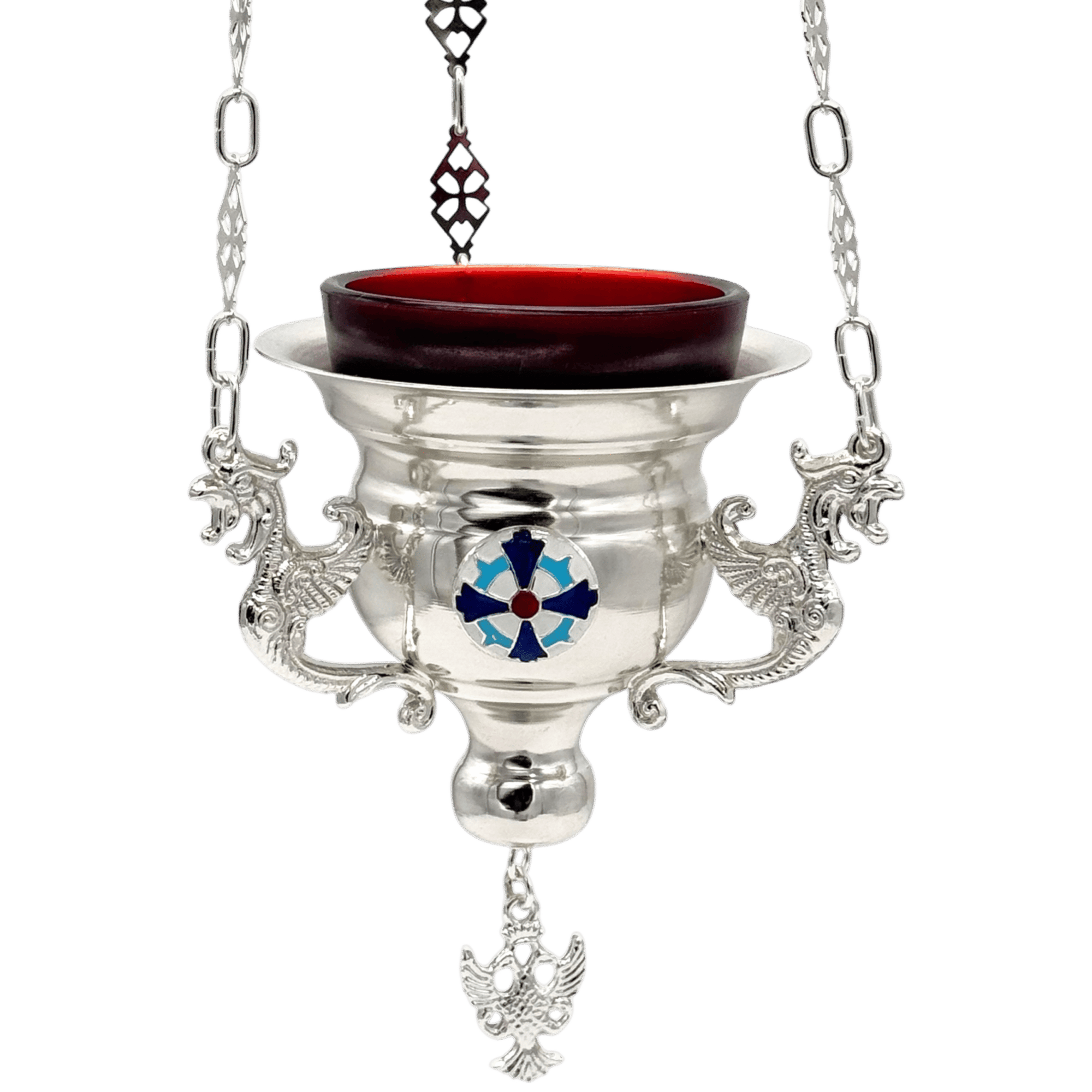 Silver Orthodox Church Incense Burner with Red Ceramic Bowl, Handcrafted Religious Ecclesiastical Items.