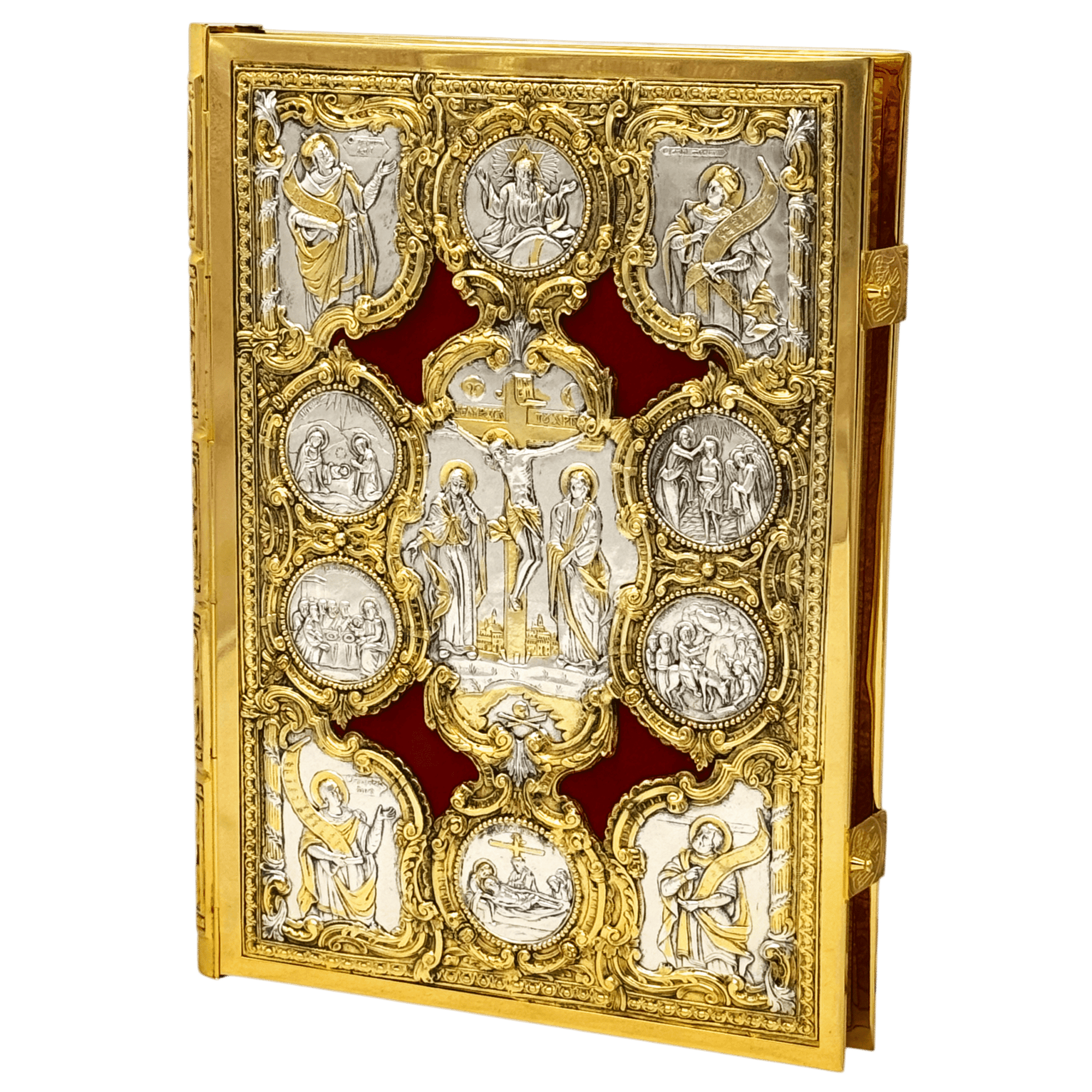 Intricately crafted gold and silver religious iconography ornately decorated for Orthodox church services, emphasizing traditional ecclesiastical gear from Tsatsaroni Antonios.