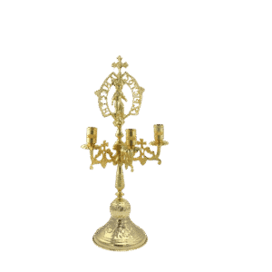 Ornate gold ecclesiastical candlestick with religious iconography, ideal for church ceremonies and Orthodox Christian services. Crafted with intricate detail, perfect for religious decor and liturgical use.