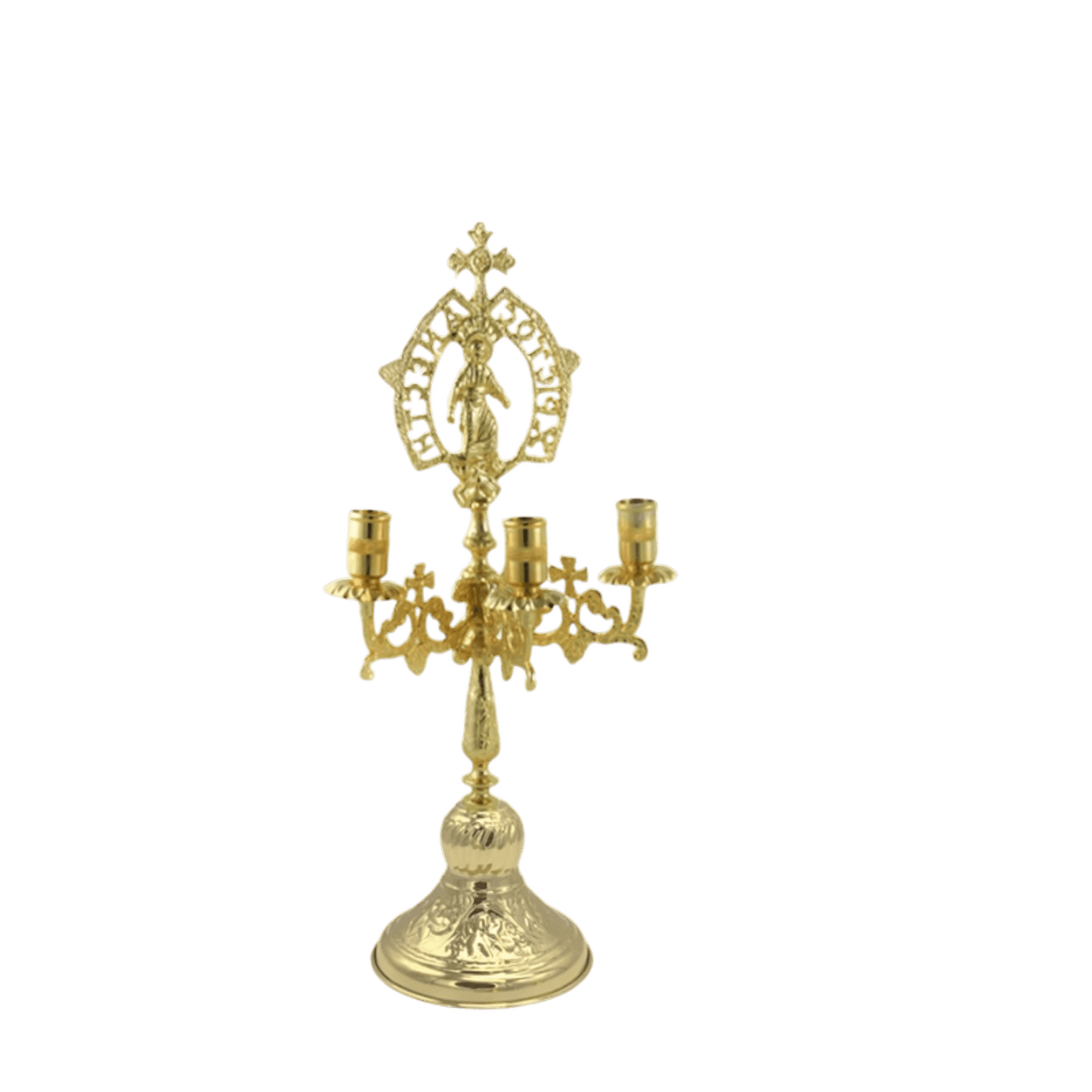 Ornate gold ecclesiastical candlestick with religious iconography, ideal for church ceremonies and Orthodox Christian services. Crafted with intricate detail, perfect for religious decor and liturgical use.