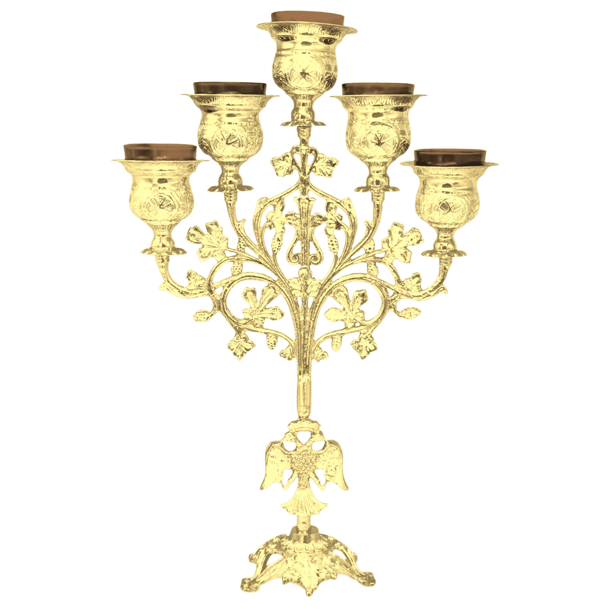 Exarchos ornate gold candle holder for Orthodox church worship, traditional ecclesiastical decor, and religious ceremonies. Made of high-quality metal, ideal for church lighting and sacred rituals.