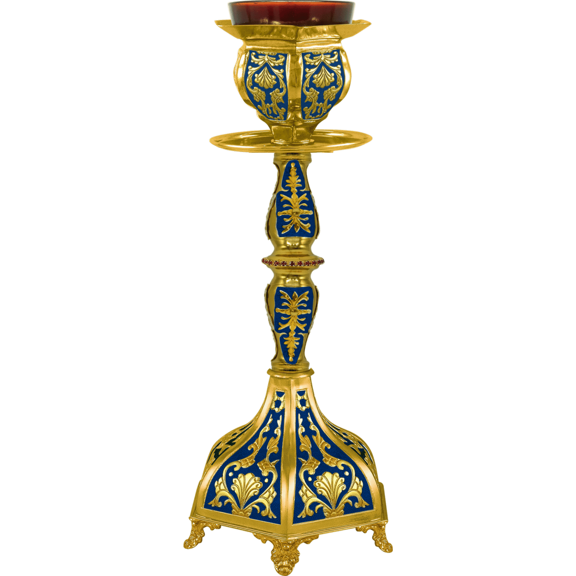 Ornate religious candle holder with gold and blue decorative details, used in church ceremonies and religious rituals.