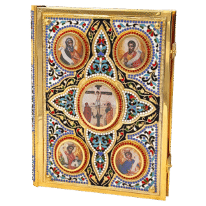 Intricate Orthodox Christian religious icon with colorful gemstone embellishments, featuring sacred saints and biblical scenes, ideal for church religious items and ecclesiastical decorations.