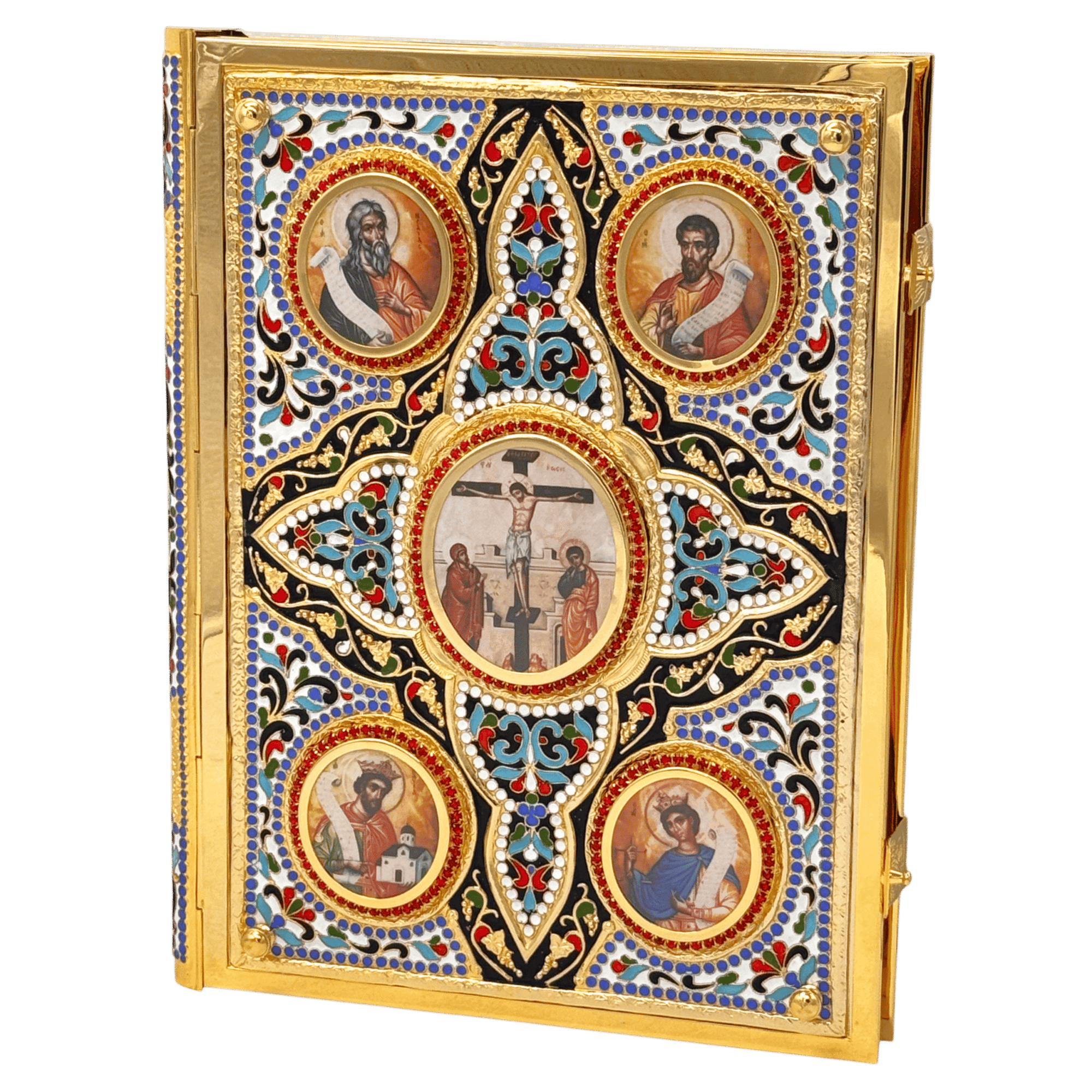 Intricate Orthodox Christian religious icon with colorful gemstone embellishments, featuring sacred saints and biblical scenes, ideal for church religious items and ecclesiastical decorations.