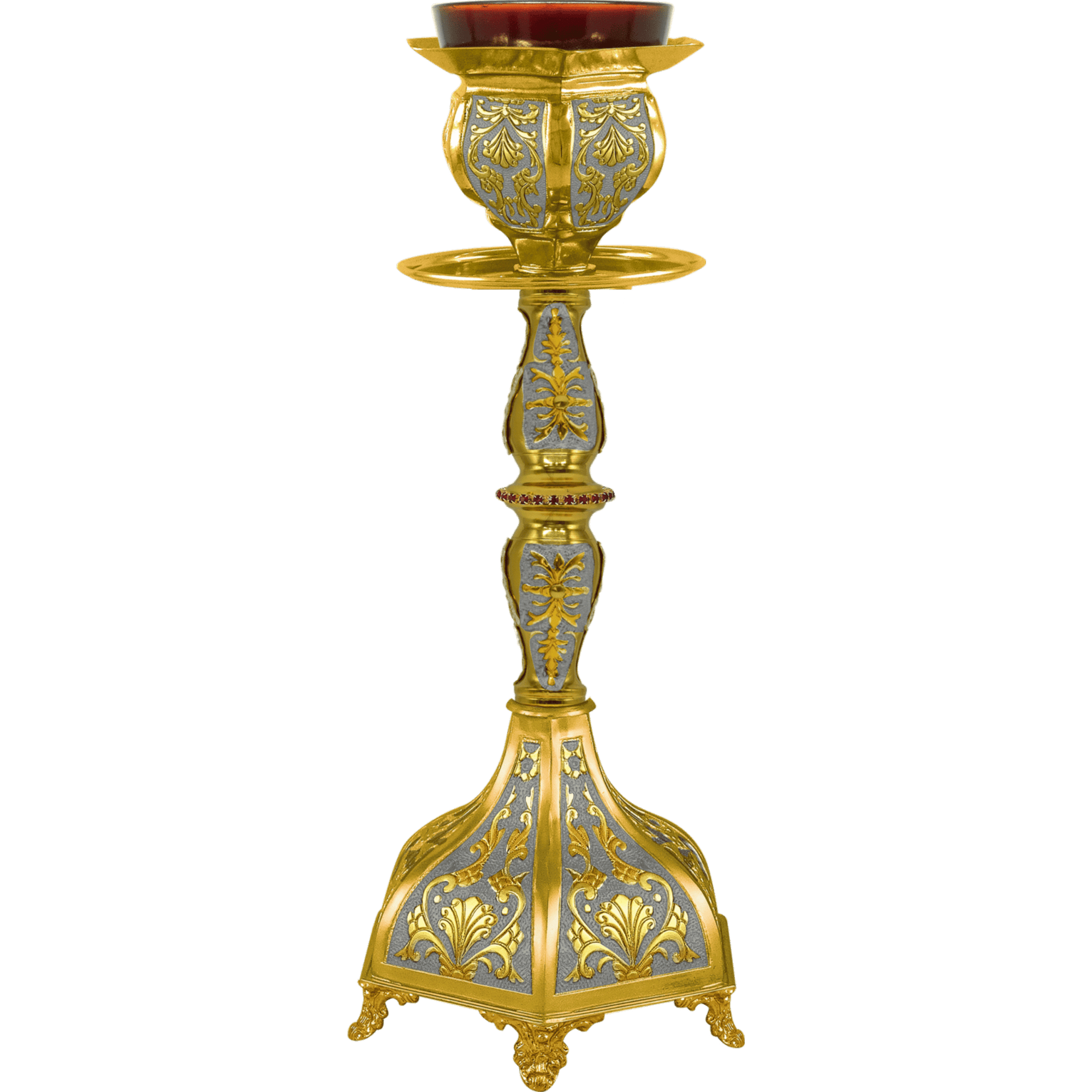Ornate gold and silver ecclesiastical candle holder with intricate floral designs, used for church ceremonies and religious rituals, showcasing fine craftsmanship and religious significance.
