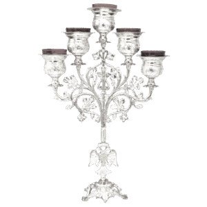 Ornate silver church candelabrum with five candle holders, decorative religious craftsmanship, ideal for church liturgical services, made by TsaTSaroni Antonios.