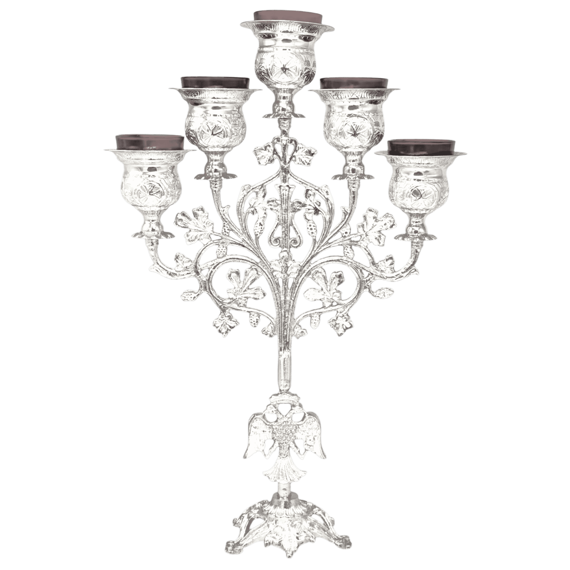 Ornate silver church candelabrum with five candle holders, decorative religious craftsmanship, ideal for church liturgical services, made by TsaTSaroni Antonios.
