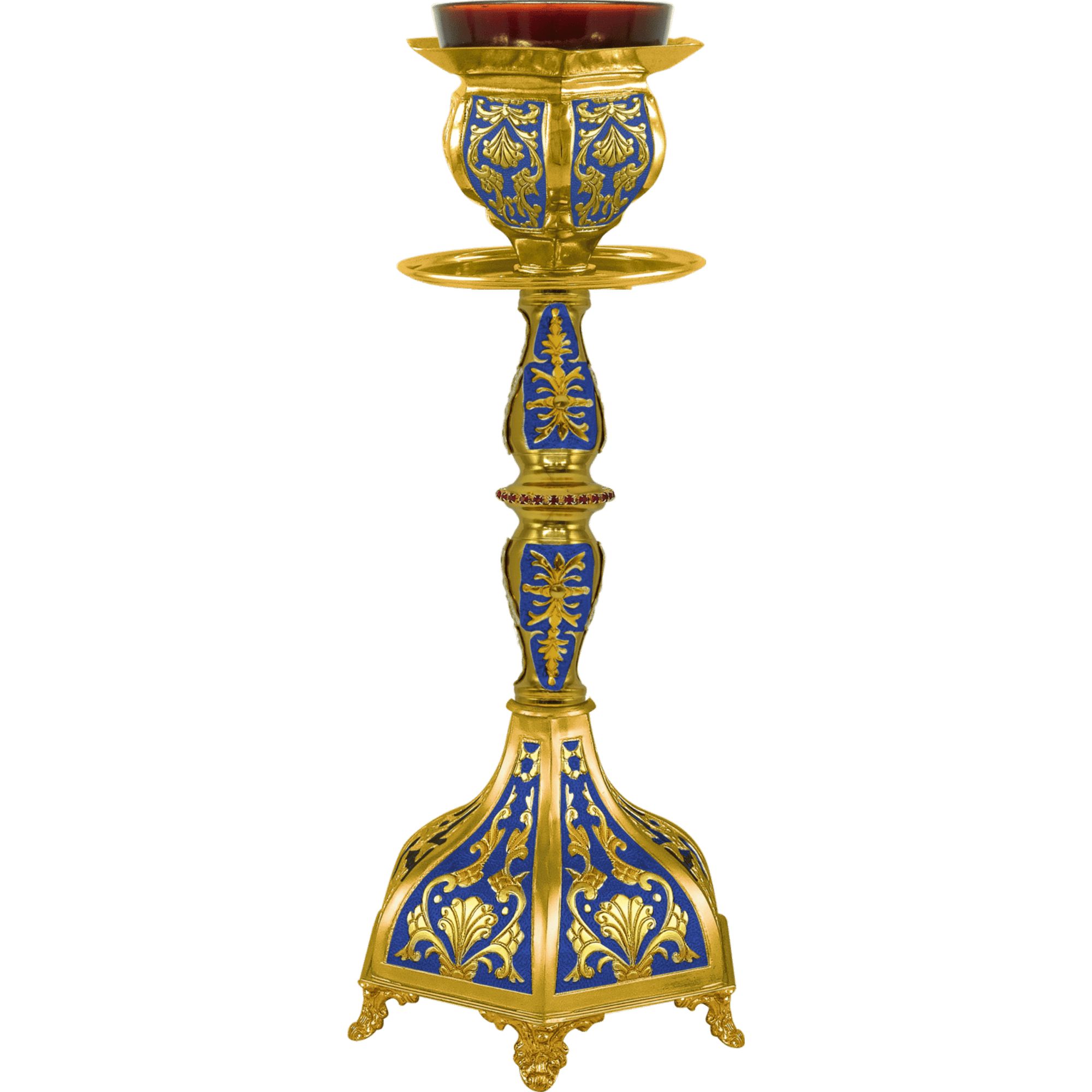 Ornate ecclesiastical candle holder with intricate gold and blue designs, ideal for church ceremonies and religious rituals. Perfect for Orthodox Christian worship and church decoration.