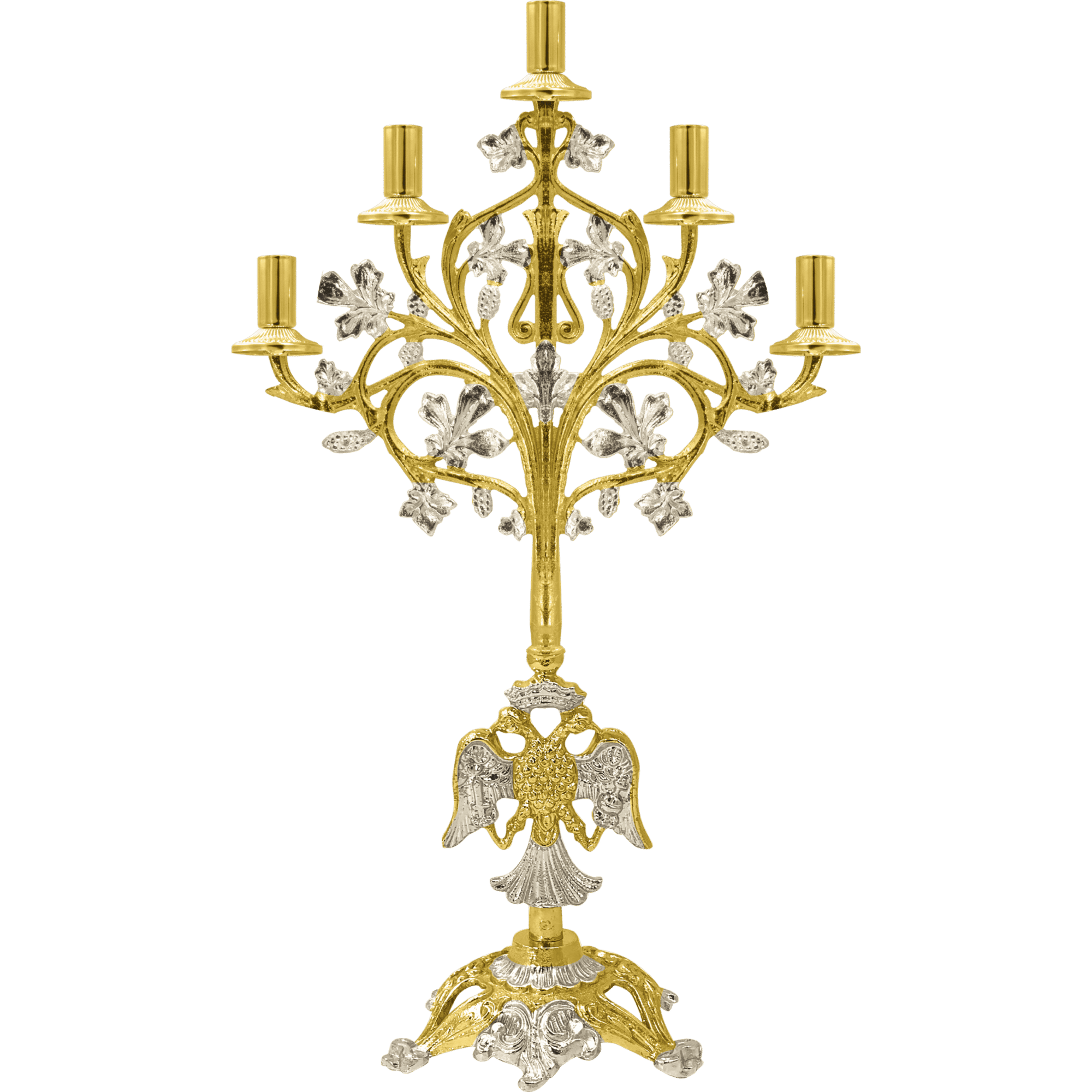 Intricate gold and silver ecclesiastical candelabrum with detailed floral and angel motifs, used for church ceremonies and religious celebrations.