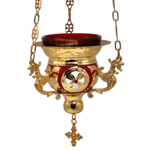 Ornate religious incense burner with gold and red accents, featuring traditional ecclesiastical design elements, suitable for Orthodox church ceremonies.