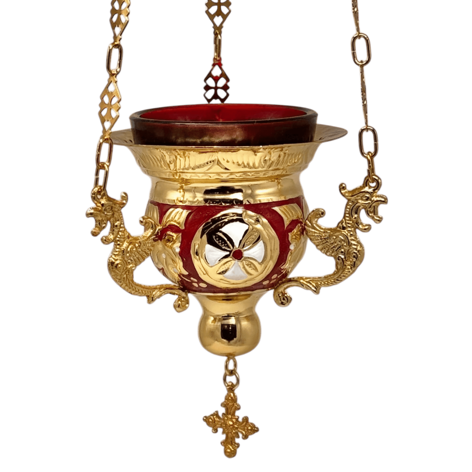Ornate religious incense burner with gold and red accents, featuring traditional ecclesiastical design elements, suitable for Orthodox church ceremonies.