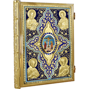 Intricate gilded religious icon with detailed religious imagery, handcrafted ecclesiastical art, and vibrant colors. Perfect for church decor and religious devotion.