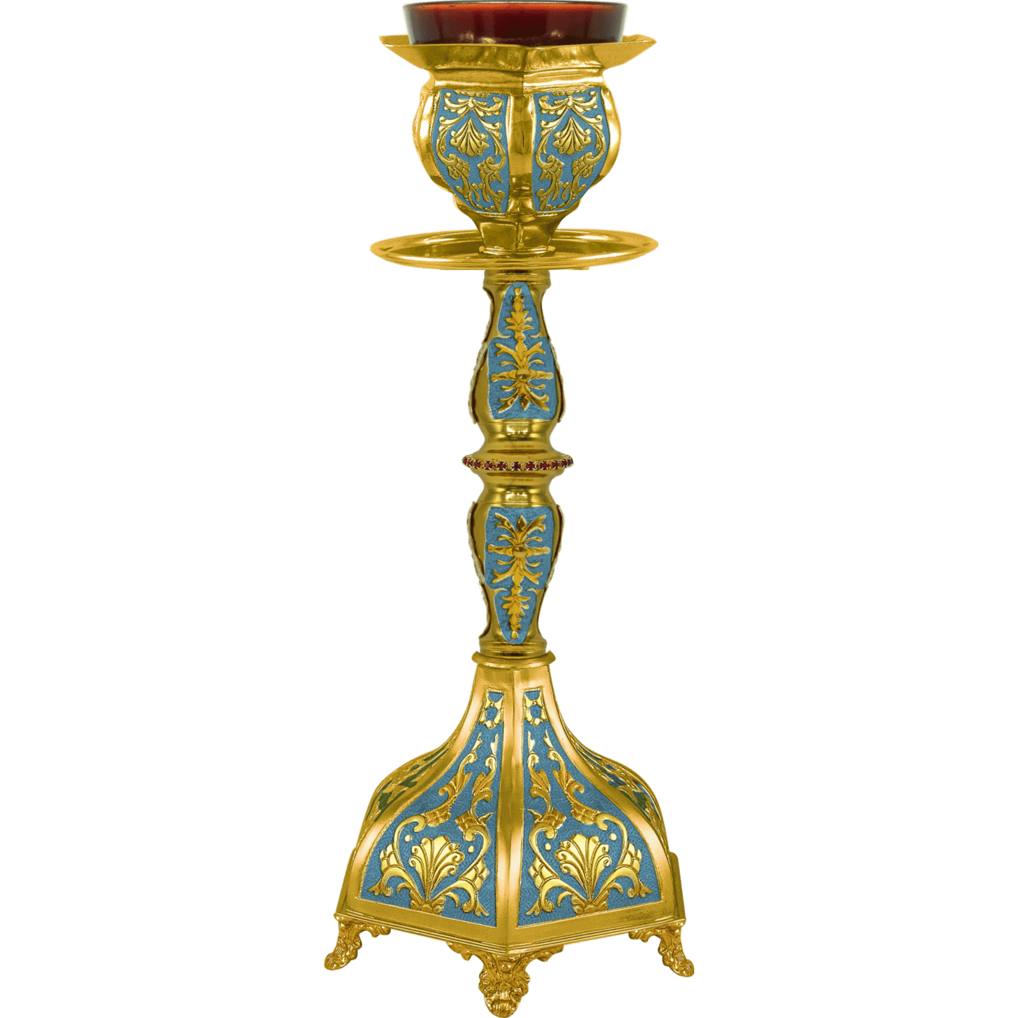 Ornate religious candle holder with gold and blue decorative patterns for church ceremonies.