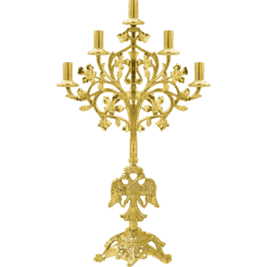 Ornate gold candelabrum for religious ceremonies, perfect for church altar decoration and ecclesiastical events. Handcrafted with intricate details, ideal for Orthodox Christian liturgical use.