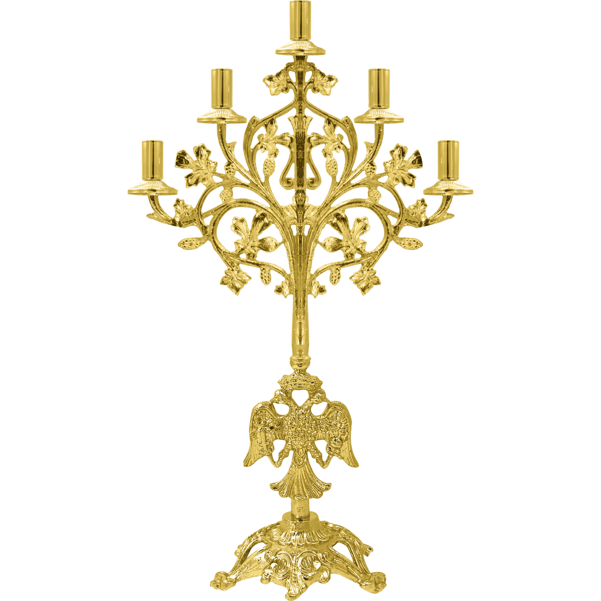 Ornate gold candelabrum for religious ceremonies, perfect for church altar decoration and ecclesiastical events. Handcrafted with intricate details, ideal for Orthodox Christian liturgical use.
