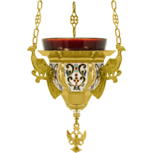 Ornate religious hanging lamp with gold, enamel detailing, and peacock motifs, used in Orthodox churches for liturgical ceremonies and religious decor.
