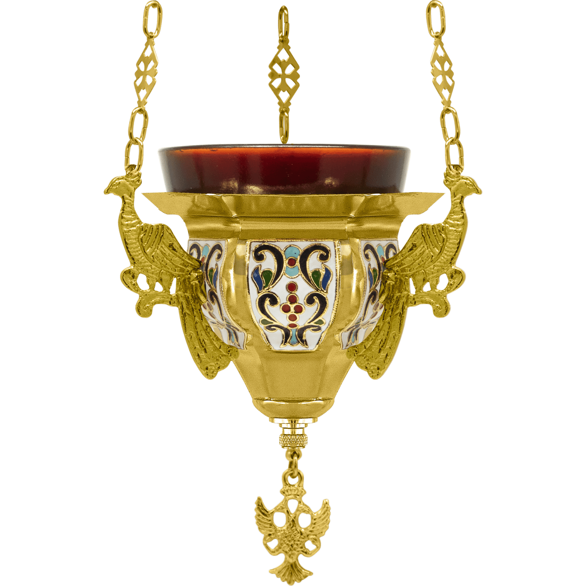 Ornate religious hanging lamp with gold, enamel detailing, and peacock motifs, used in Orthodox churches for liturgical ceremonies and religious decor.