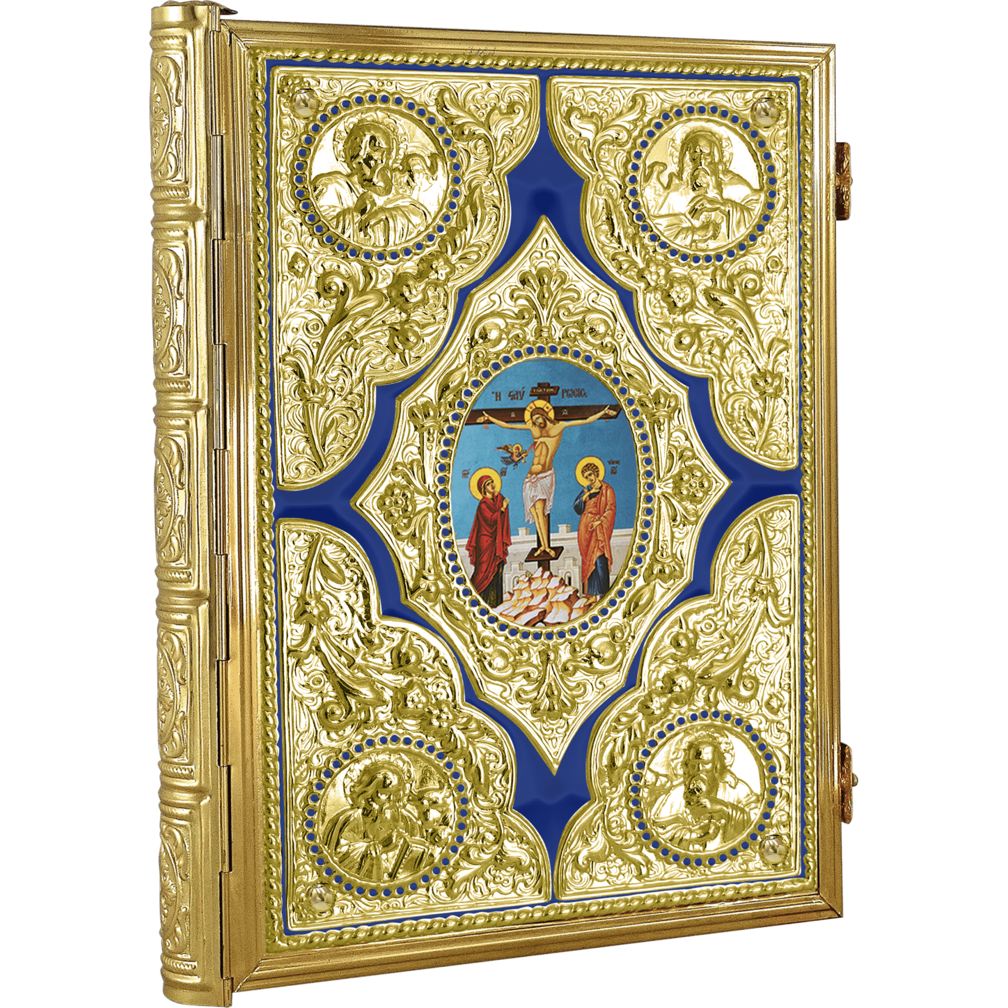 Ornate gold ecclesiastical icon with detailed religious motifs and vibrant central image of crucifixion, suitable for church altar or religious ceremonies, showcasing traditional Greek Orthodox religious art.