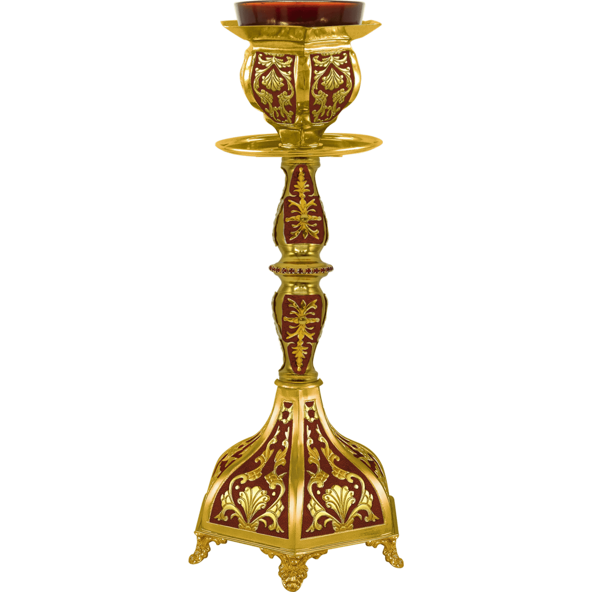 Ornate religious candle holder with gold and red design, perfect for church ceremonies, iconography, and ecclesiastical items at TsaTsaRONIS Antonios.