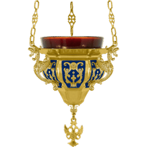 Exquisite gold and blue Orthodox church hanging lamp with intricate dragon motifs, perfect for religious ceremonies and ecclesiastical decor.