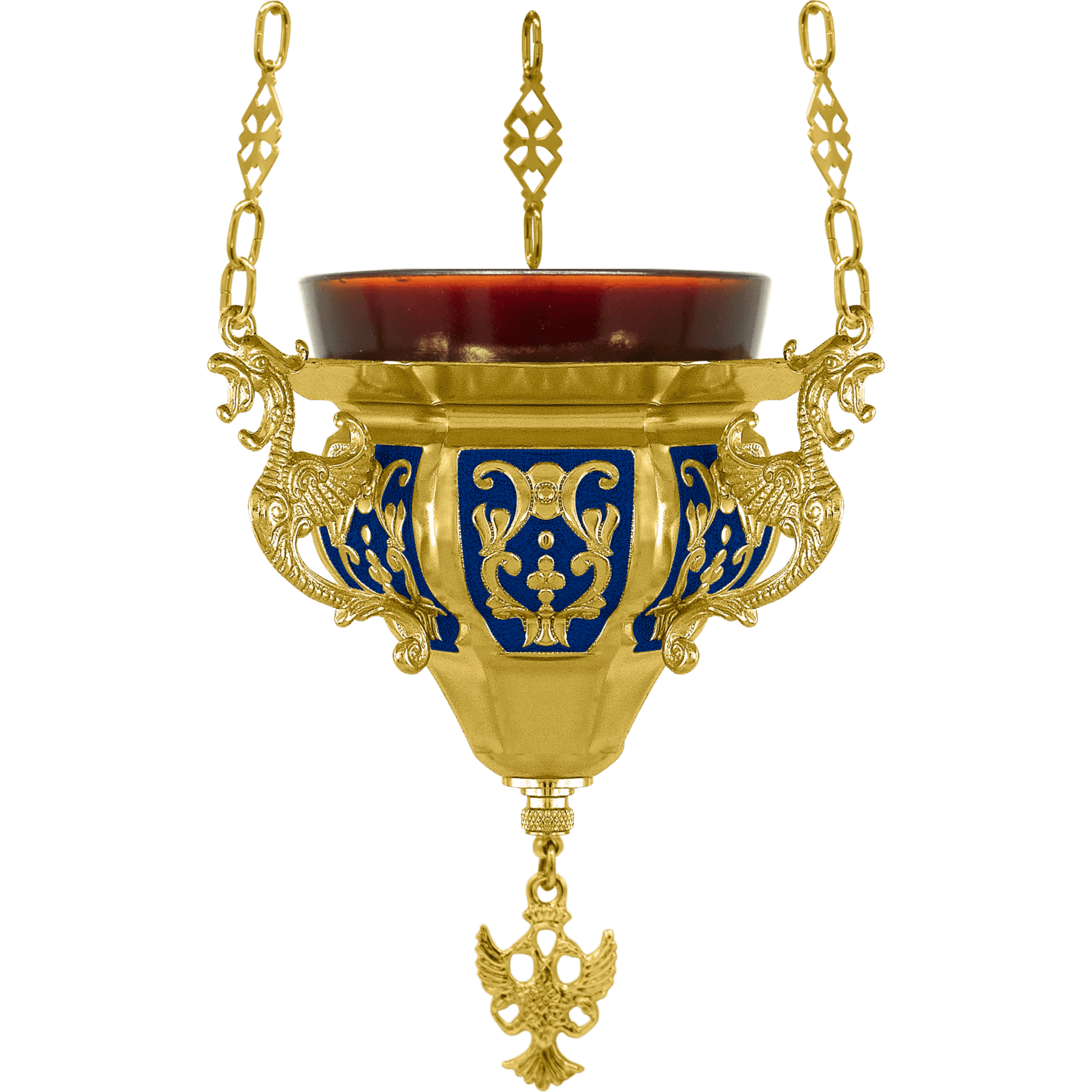 Exquisite gold and blue Orthodox church hanging lamp with intricate dragon motifs, perfect for religious ceremonies and ecclesiastical decor.