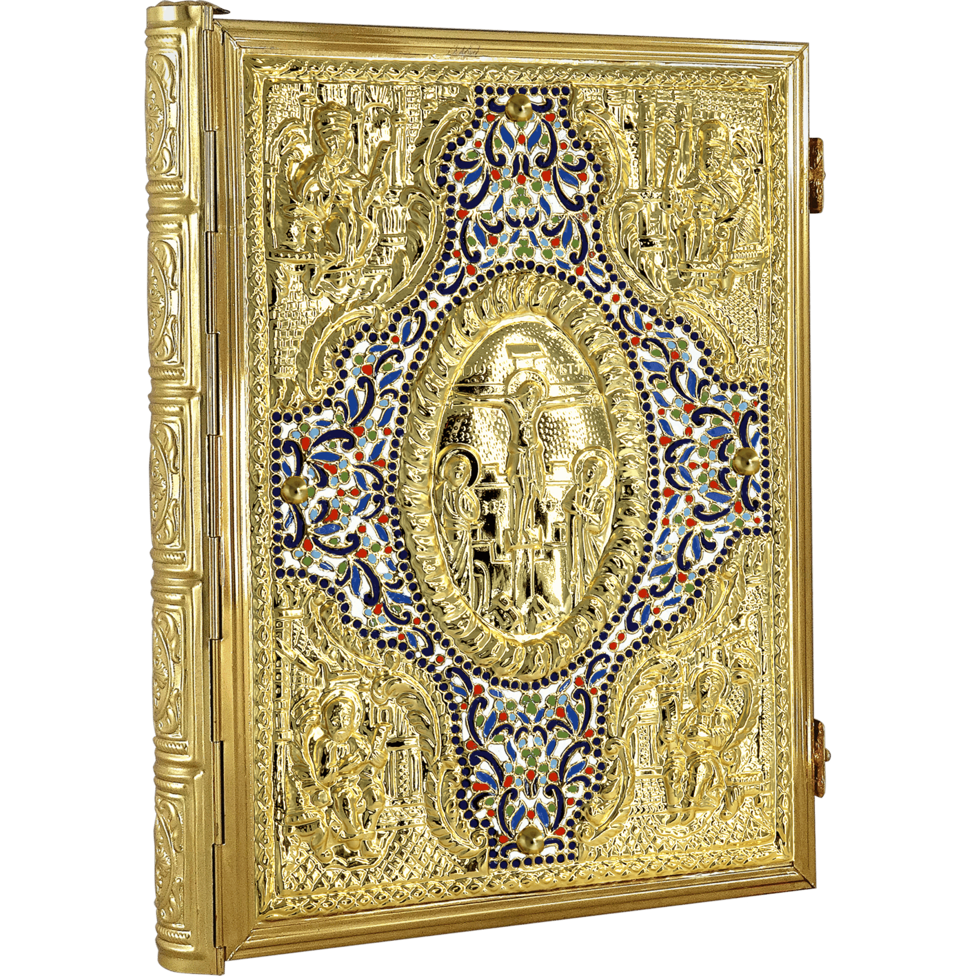 Intricate gold-plated religious icon with ornate detailing, featuring traditional Christian saints and biblical scenes, ideal for church decoration and religious rituals.