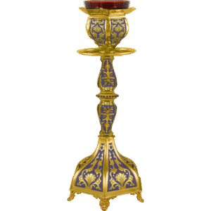 Ornate ecclesiastical candle holder with gold and purple religious motifs, used for church ceremonies and religious services. Perfect for Orthodox church decoration and religious events.