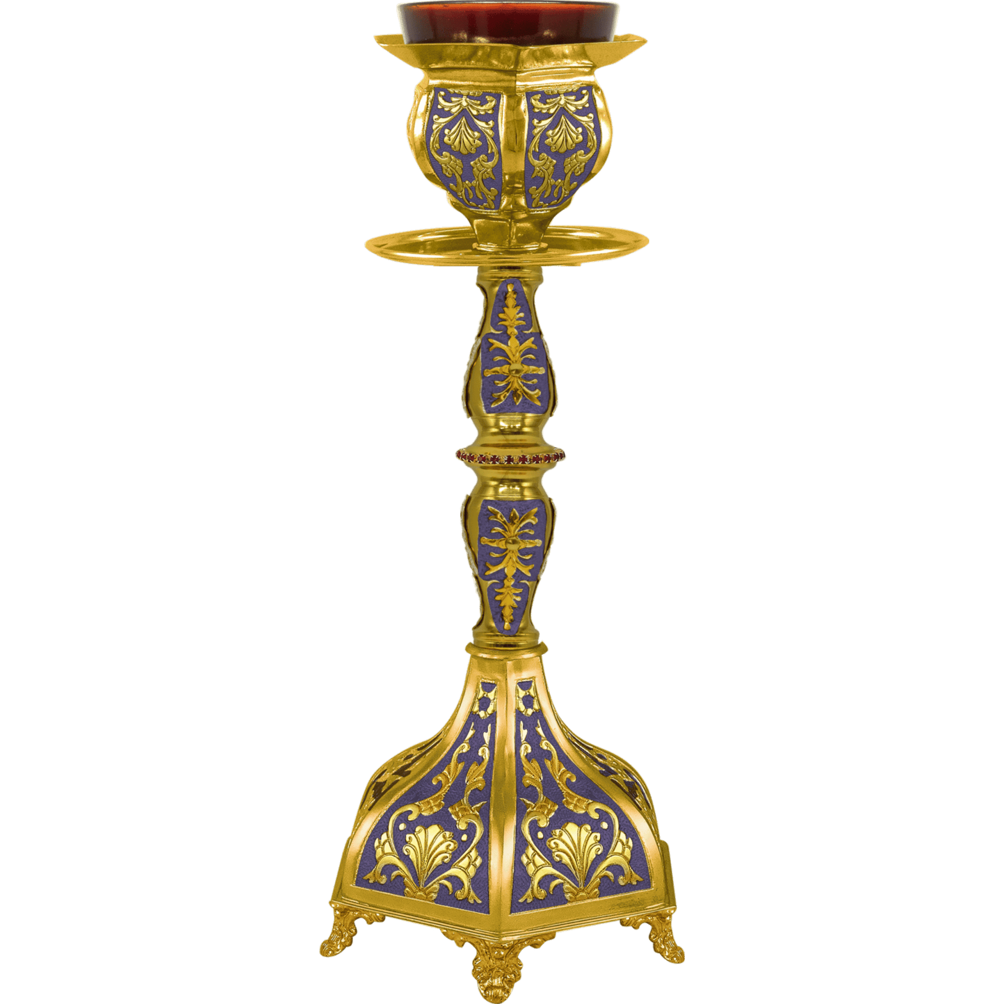 Ornate ecclesiastical candle holder with gold and purple religious motifs, used for church ceremonies and religious services. Perfect for Orthodox church decoration and religious events.