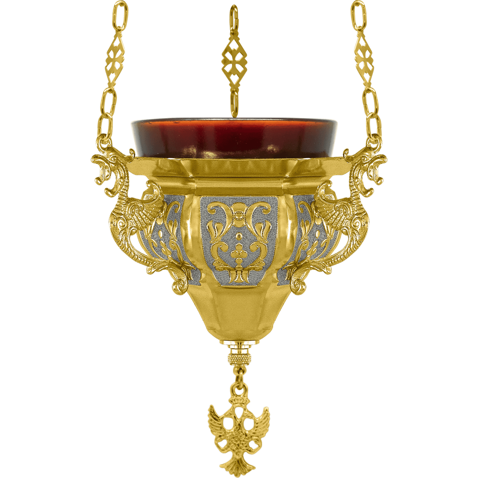Intricately detailed gold and silver ecclesiastical oil lamp with ornate craftsmanship and religious symbolism, perfect for church ceremonies and symbolic religious offerings.