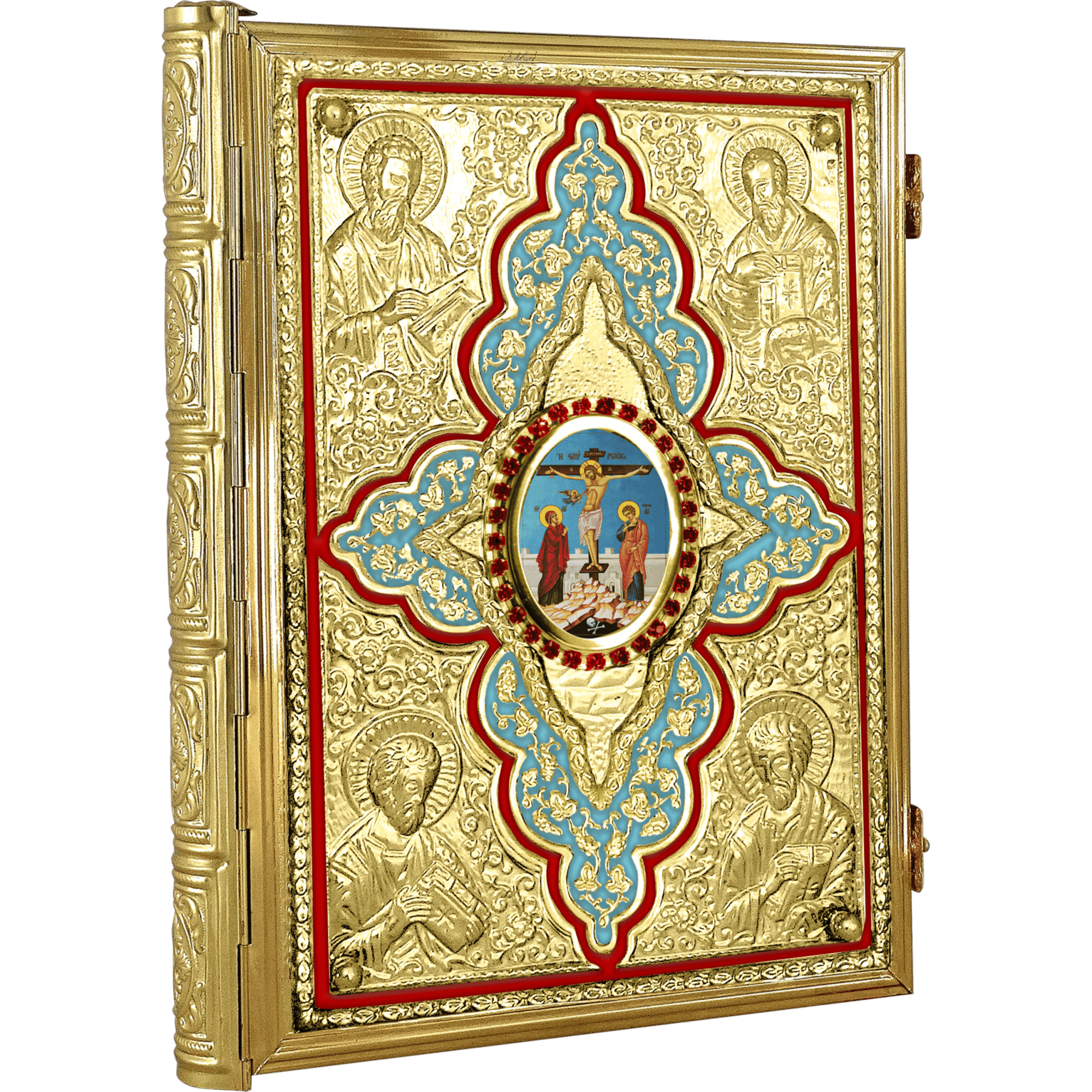 Intricately designed Orthodox Christian iconography book with gold ornate covers and religious images, perfect for church altar or religious collection.