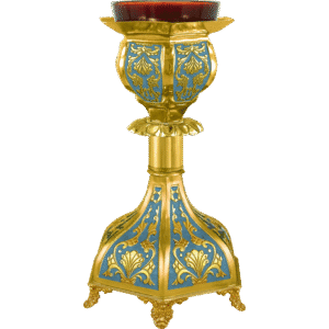 Ornate religious candle holder with gold and blue details, used in church ceremonies and liturgical services. Ideal for ecclesiastical settings and church celebrations.