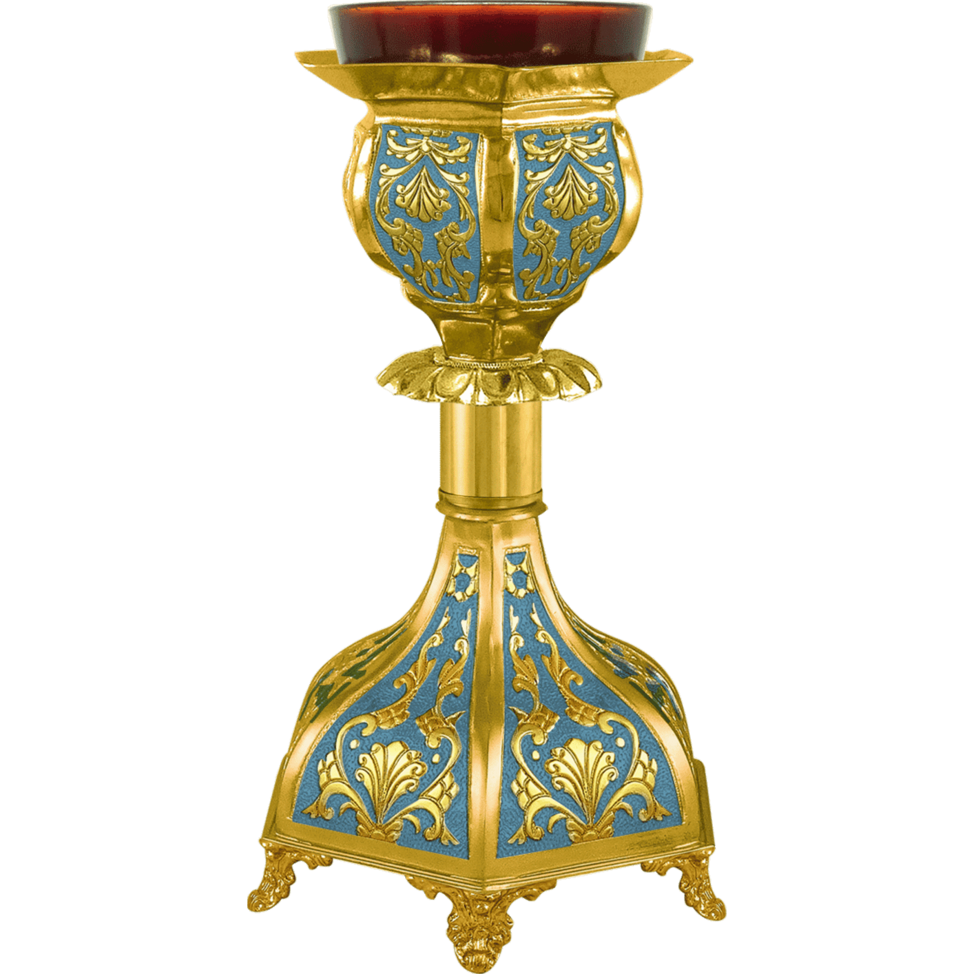 Ornate religious candle holder with gold and blue details, used in church ceremonies and liturgical services. Ideal for ecclesiastical settings and church celebrations.