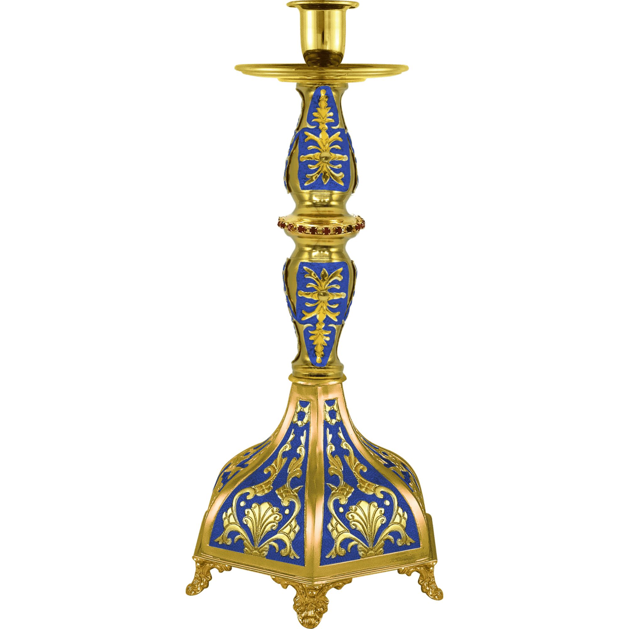 Golden and blue ecclesiastical candle holder with ornate religious design, suitable for church ceremonies and religious services.
