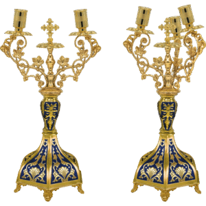 Ornate gold and blue religious candle holders, traditional ecclesiastical liturgical accessories, featuring intricate design ideal for church ceremonies and Orthodox Christian worship.