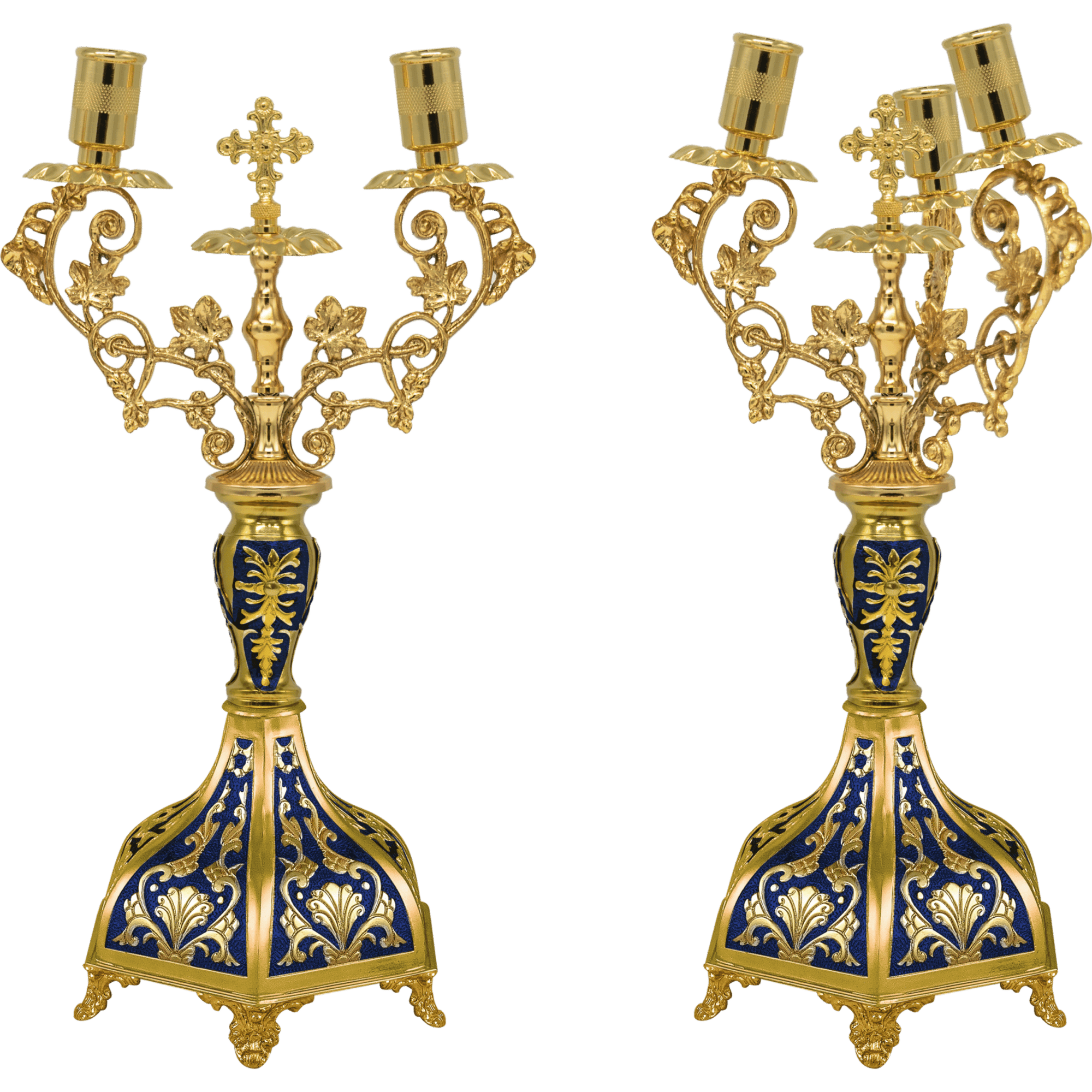 Ornate gold and blue religious candle holders, traditional ecclesiastical liturgical accessories, featuring intricate design ideal for church ceremonies and Orthodox Christian worship.