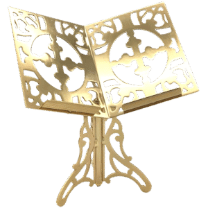 Intricate gold-lit ecclesiastical stand for church books, featuring ornate cut-out designs, used in religious ceremonies and services. Perfect for Orthodox Christian rituals and church altar decoration.