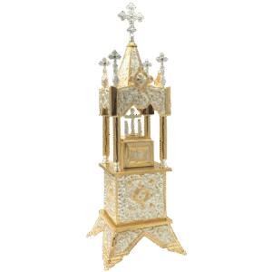 Ornate gold and silver Orthodox church candelabrum with detailed religious motifs, perfect for ecclesiastical ceremonies and church decoration.