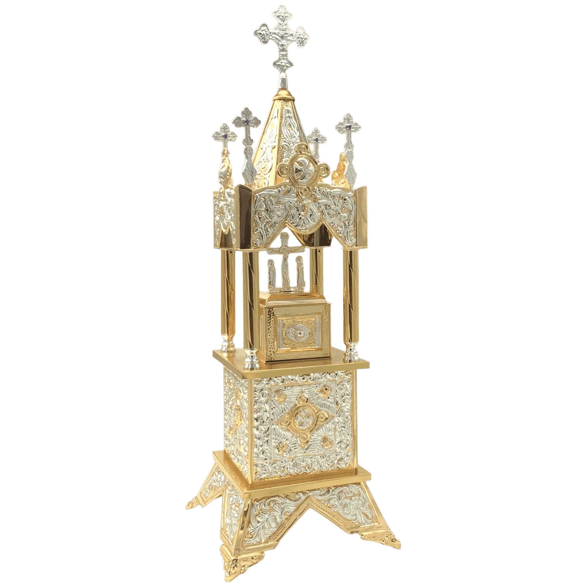 Ornate gold and silver Orthodox church candelabrum with detailed religious motifs, perfect for ecclesiastical ceremonies and church decoration.
