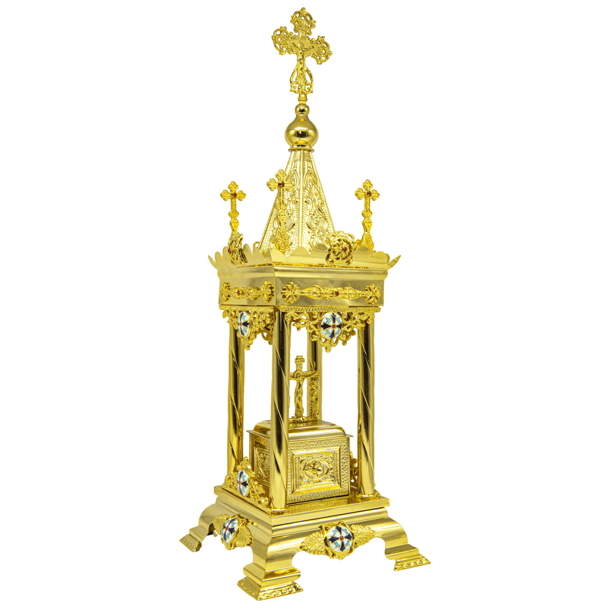 Intricate golden religious ornament with crosses, elaborate detailing, and decorative motifs, representing traditional ecclesiastical artifacts from Tsa-tza-ronis Antónios, used in Orthodox Christian church services.