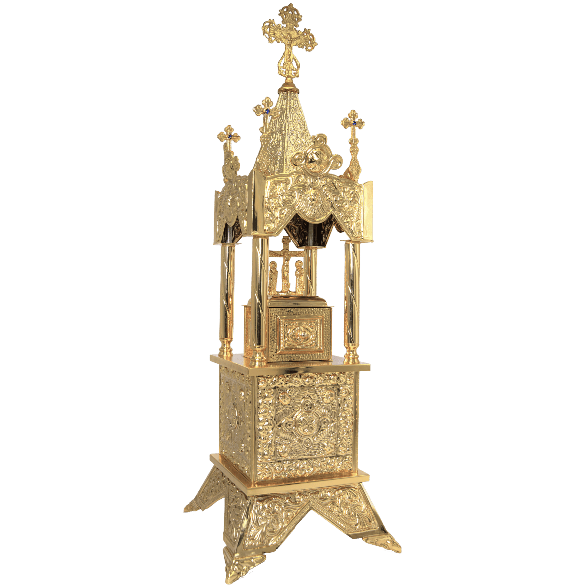 Intricately designed gold church procession monstrance for Orthodox liturgical ceremonies, symbolizing divine presence in Greek ecclesiastical traditions.