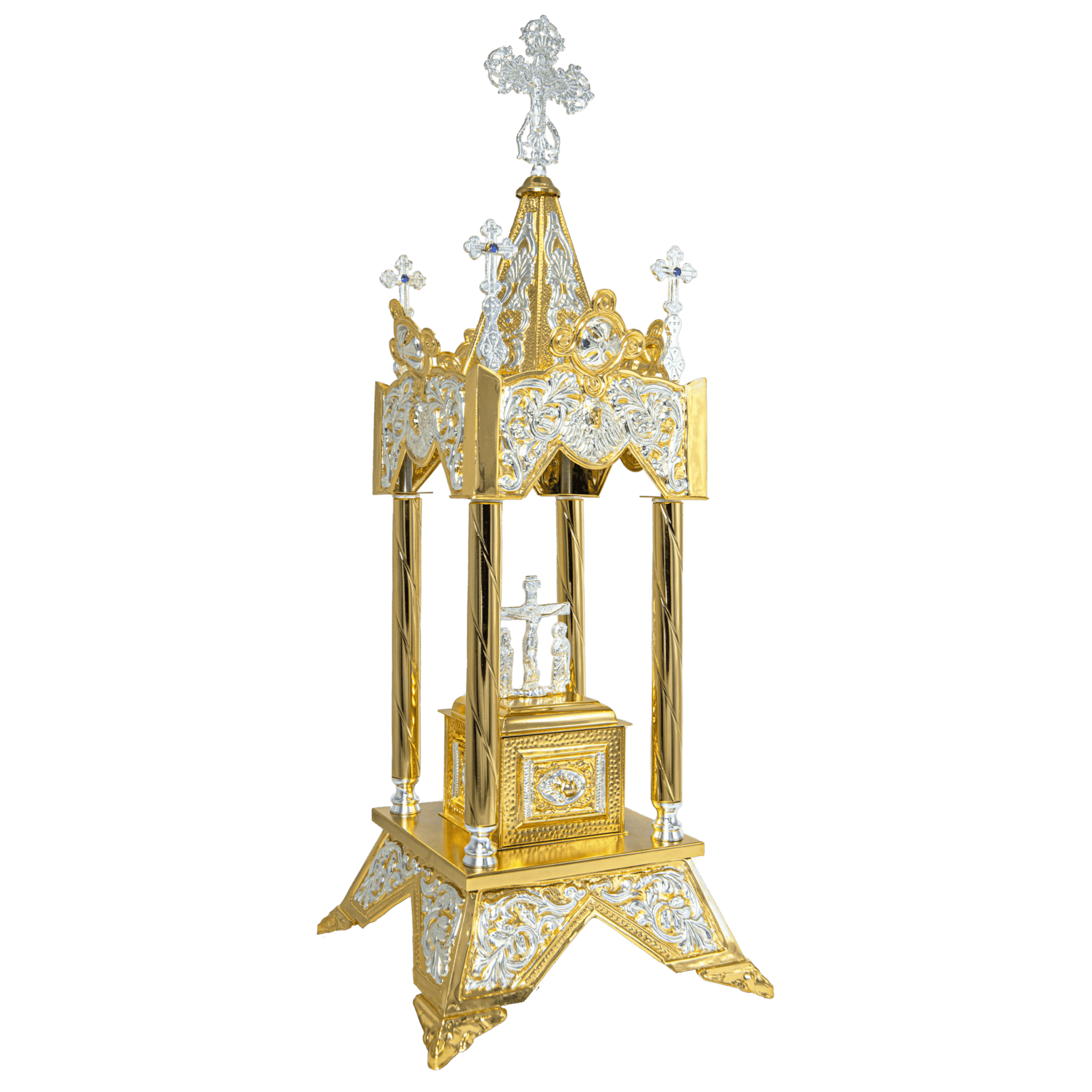 Ornate Greek Orthodox reliquary with intricate gold and silver detailing, featuring crosses and religious icons, used for displaying relics during church ceremonies.