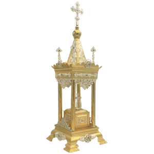 Ornate religious processional lantern, gold and silver ecclesiastical item, traditional church ornament, Orthodox Christian decorative artifact, church festival accessory.