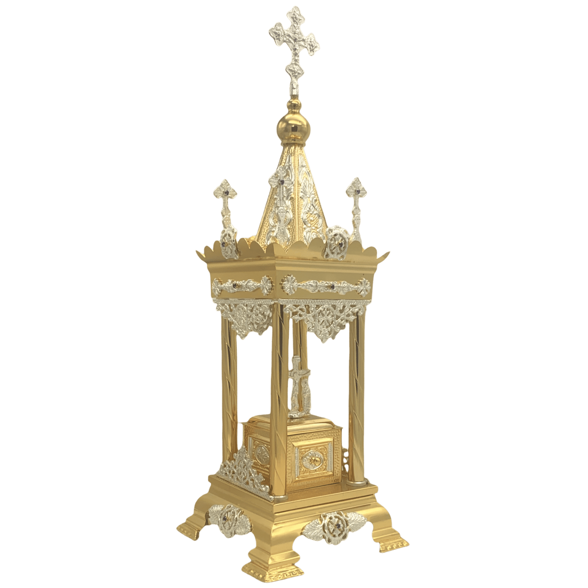 Ornate religious processional lantern, gold and silver ecclesiastical item, traditional church ornament, Orthodox Christian decorative artifact, church festival accessory.