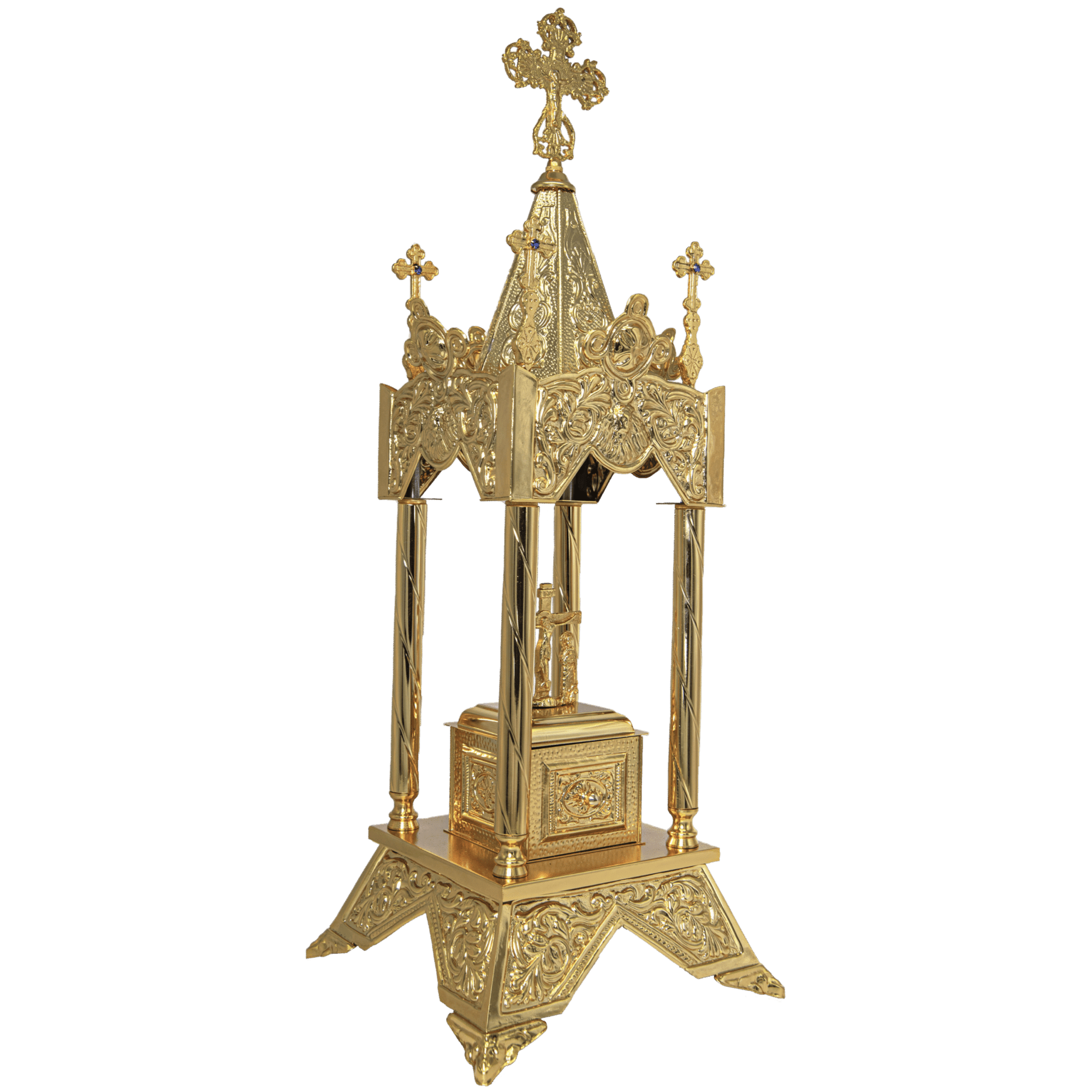 Ornate gilded religious relic display case with intricate craftsmanship, used for showcasing sacred church artifacts and icons in Orthodox Christian traditions.