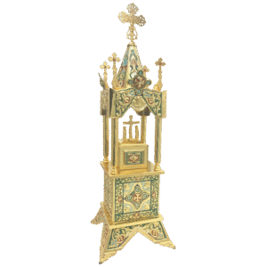 Ornate gold ecclesiastical liturgical item with detailed religious motifs, crosses, and vibrant colorful accents, suitable for church rituals and Orthodox Christian ceremonies.